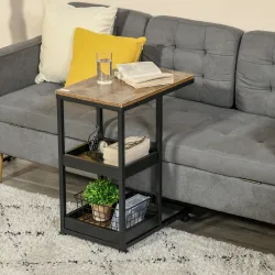 Mesa Auxiliar en Forma de C con Ruedas Estantes Abiertos y Marco de Acero para Salón Dormitorio 51x33x66cm Marró... - Ogal.Es