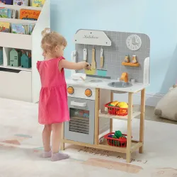 Cocinita Infantil Cocinita de Madera Infantil con Sonido Fogón Horno Grifo Fregadero y Accesorios de Cocina Gris - Ogal.Es
