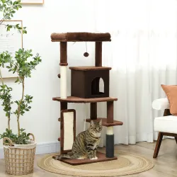 Árbol Rascador para Gatos 132 cm con Plataformas Poste con Cepillo Bolas Colgantes y Almohadilla para Rascar Marrón - Ogal.Es