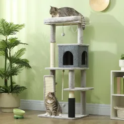 Árbol Rascador para Gatos 132 cm con Plataformas Poste con Cepillo Bolas Colgantes y Almohadilla para Rascar Gri... - Ogal.Es