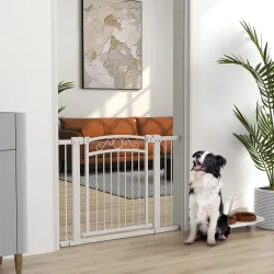 Puerta para Perros con Ancho Ajustable 76-104 cm con 2 Extensiones Doble Bloqueo Blanco - Ogal.Es