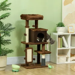 Árbol Rascador para Gatos 104 cm con Plataformas Poste con Cepillo Bolas Colgantes y Almohadilla para Rascar Marrón - Ogal.Es