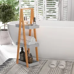 Estantería de Baño de Bambú con 3 Estantes Estantería de Madera en Forma de A 30x18x81 cm Natural y Gris - Ogal.Es