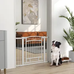 Puerta para Perros con Ancho Ajustable 76-104 cm Barrera de Seguridad para Perros con 2 Extensiones Blanco - Ogal.Es