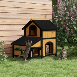 Caseta de Madera de Exterior para Gatos Casa para Gatos Refugio para Gatos de 2 Niveles 96x65x85,5 cm Natural - Ogal.Es