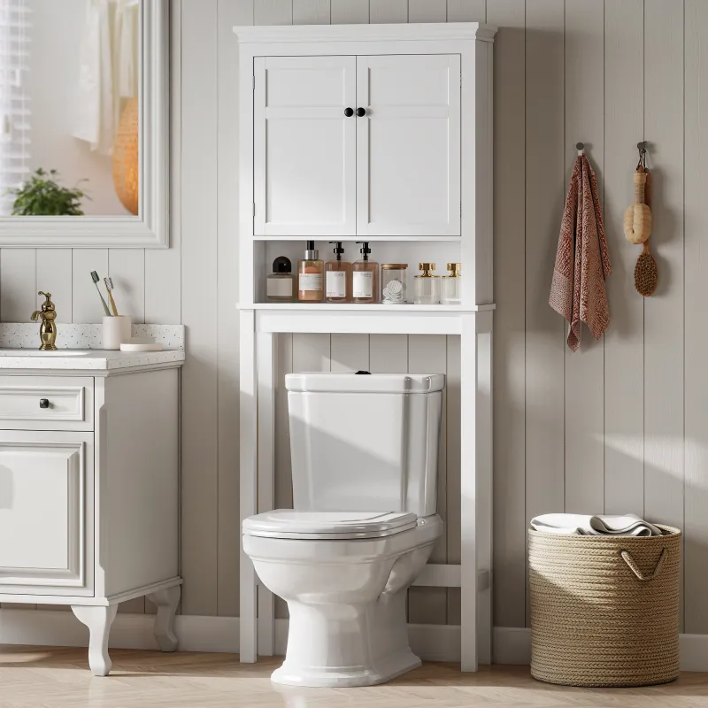 Mueble sobre Inodoro con 2 Puertas Compartimiento y Estante Ajustable Mueble para Baño 70x20x175 cm Blanco - Ogal.Es