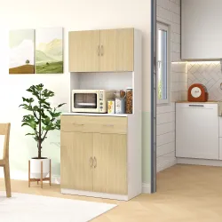 Mueble Auxiliar de Cocina con Puertas Cajón y Estantes Ajustables Antivuelco 80x40x180 cm Natural y Blanco - Ogal.Es