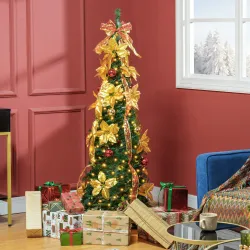 Árbol de Navidad Plegable con Luces LED en Blanco Cálido y Adornos Pre-instalados para Interior Ø60x180 cm Verde - Ogal.Es