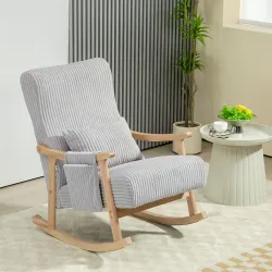 Silla Mecedora de Pana con Patas y Reposabrazos de Madera de Caucho Cojín Lumbar y Bolsillo Carga 120 kg Gris - Ogal.Es
