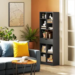 Estantería para Libros con 1 Cajón y 9 Compartimentos Mueble Librería para Salón Oficina Estudio 60x26x158cm Negro - Ogal.Es