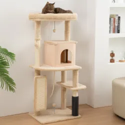 Árbol Rascador para Gatos 132 cm con Plataformas Poste con Cepillo Bolas Colgantes y Almohadilla para Rascar Beige - Ogal.Es