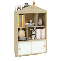 Librería Infantil con 4 Compartimentos Estantes Abiertos y Armario 80x30x140,5 cm Blanco y Natural - Ogal.Es