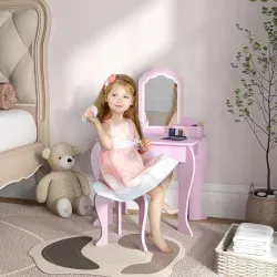 Tocador Infantil para Niñas y Niños de +3 Años con Taburete Espejo Cajón y Cajas de Almacenaje Forma de Nube Rosa - Ogal.Es