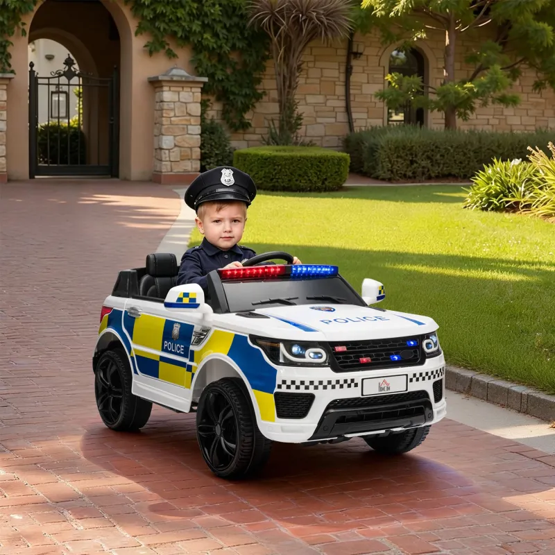 Coche Eléctrico Infantil de Policía Coche de Batería 12V con Mando a Distancia Bluetooth Luz USB Sirena Blanco - Ogal.Es