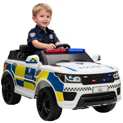 Coche Eléctrico Infantil de Policía Coche de Batería 12V con Mando a Distancia Bluetooth Luz USB Sirena Blanco - Ogal.Es