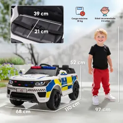 Coche Eléctrico Infantil de Policía Coche de Batería 12V con Mando a Distancia Bluetooth Luz USB Sirena Blanco - Ogal.Es