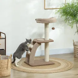 Árbol para Gatos Altura 88 cm Torre para Gatos con Nido Plataformas Bola Colgante Escalera y Poste de Sisal Café - Ogal.Es