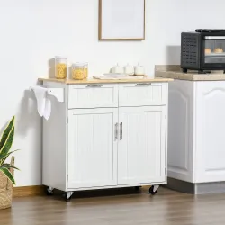 Mueble Auxiliar de Cocina con Ruedas 2 Cajones 2 Puertas Estante Ajustable y Toallero 104x46x91 cm Blanco - Ogal.Es