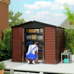 Cobertizo de Jardín Exterior 4,4 m² 240x206x198 cm con Base Puerta Corredera y Cerradura Armario para Jardín Teca - Ogal.Es