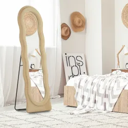 Espejo de Cuerpo Entero 160x50 cm Diseño Ondulado Marco con Tela de Terciopelo para Salón Dormitorio Beige - Ogal.Es