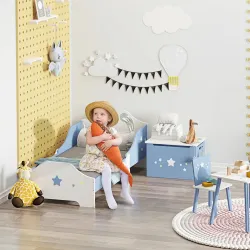 Cama para Niños de +3 Años 143x74x59 cm Cama Infantil de Madera con Estampado con Estrellas Carga 50 kg Azul y B... - Ogal.Es