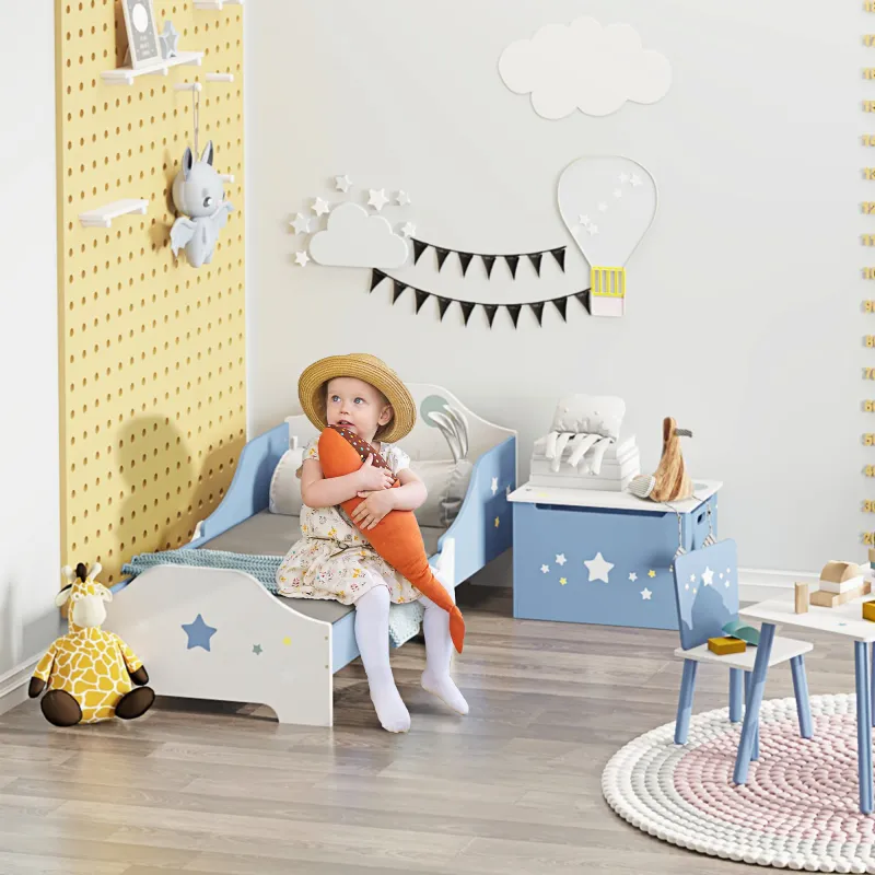 Cama para Niños de +3 Años 143x74x59 cm Cama Infantil de Madera con Estampado con Estrellas Carga 50 kg Azul y B... - Ogal.Es