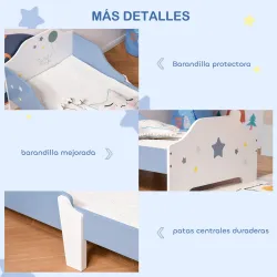Cama para Niños de +3 Años 143x74x59 cm Cama Infantil de Madera con Estampado con Estrellas Carga 50 kg Azul y B... - Ogal.Es