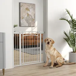 Puerta para Perros con Ancho Ajustable 76-104 cm Barrera de Seguridad con 2 Extensiones y Doble Bloqueo Blanco - Ogal.Es