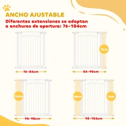 Puerta para Perros con Ancho Ajustable 76-104 cm Barrera de Seguridad con 2 Extensiones y Doble Bloqueo Blanco - Ogal.Es