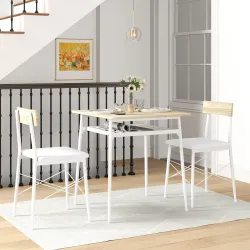 Conjunto de Mesa y Sillas de Comedor de 3 Piezas con Estante Abierto Estructura de Acero Blanco y Roble - Ogal.Es