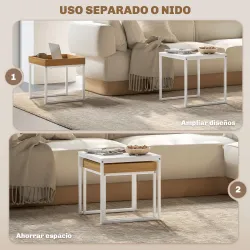 Mesas Nidos de 2 Piezas con Marco de Acero Mesas de Centro Pequeñas para Dormitorio Blanco y Roble - Ogal.Es