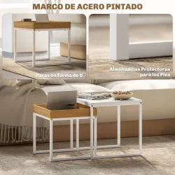 Mesas Nidos de 2 Piezas con Marco de Acero Mesas de Centro Pequeñas para Dormitorio Blanco y Roble - Ogal.Es