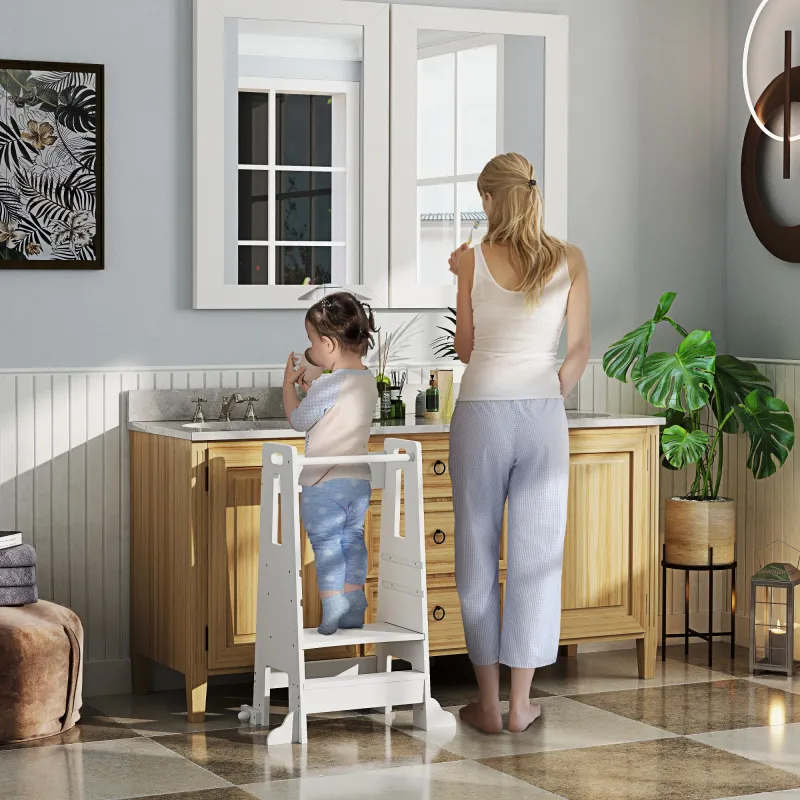 Torre de Aprendizaje para Niños con Pedal Altura Ajustable en 3 Niveles y Barrera de Seguridad 45x47,5x91 cm Blanco - Ogal.Es