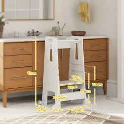 Torre de Aprendizaje para Niños con Pedal Altura Ajustable en 3 Niveles y Barrera de Seguridad 45x47,5x91 cm Blanco - Ogal.Es