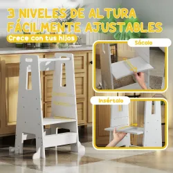 Torre de Aprendizaje para Niños con Pedal Altura Ajustable en 3 Niveles y Barrera de Seguridad 45x47,5x91 cm Blanco - Ogal.Es