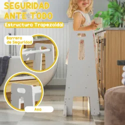 Torre de Aprendizaje para Niños con Pedal Altura Ajustable en 3 Niveles y Barrera de Seguridad 45x47,5x91 cm Blanco - Ogal.Es