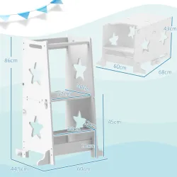 Torre de Aprendizaje 2 en 1 Convertible en Mesa y Silla con Barra de Seguridad 60x44,5x86 cm Blanco - Ogal.Es