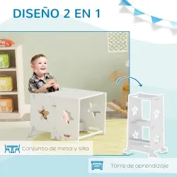 Torre de Aprendizaje 2 en 1 Convertible en Mesa y Silla con Barra de Seguridad 60x44,5x86 cm Blanco - Ogal.Es