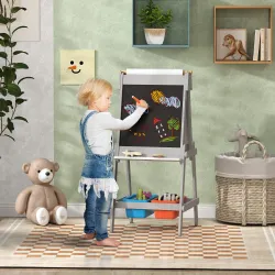 Pizarra Infantil con Caballete Pizarra de Doble Cara con Rollo de Papel Borrador Cajas de Almacenamiento Gris - Ogal.Es