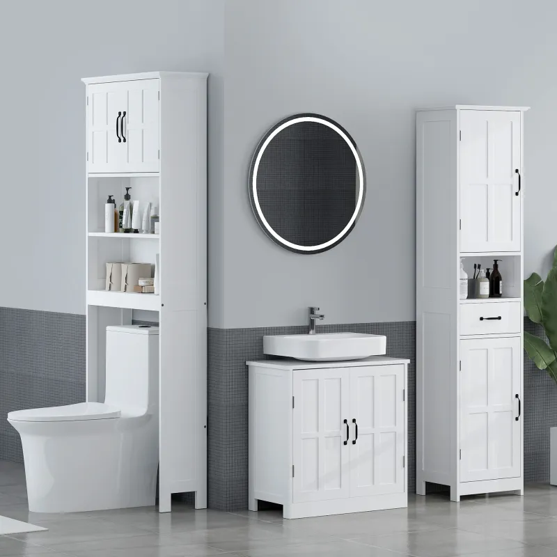 Mueble sobre Inodoro con 2 Puertas Estantes Abiertos y Estante Ajustable Mueble para Baño 66x23x178 cm Blanco - Ogal.Es