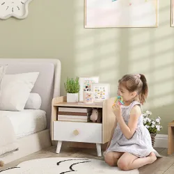 Mesita de Noche para Niños de +3 Años con Cajón y Bordes Redondeados para Dormitorio Roble y Blanco - Ogal.Es