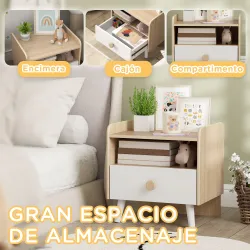 Mesita de Noche para Niños de +3 Años con Cajón y Bordes Redondeados para Dormitorio Roble y Blanco - Ogal.Es