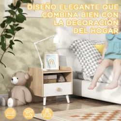 Mesita de Noche para Niños de +3 Años con Cajón y Bordes Redondeados para Dormitorio Roble y Blanco - Ogal.Es
