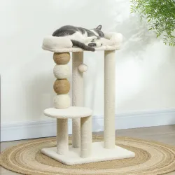 Árbol para Gatos Altura 76 cm con Revestimiento de Borreguillo Plataformas Bola Colgante y Poste de Yute Beige - Ogal.Es