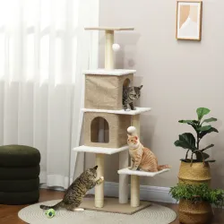 Árbol Rascador para Gatos de Borreguito de 140 cm con 2 Cuevas Plataformas Bolas Colgantes y Poste de Sisal Marr... - Ogal.Es