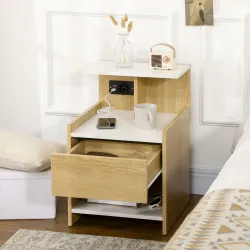 Mesilla de Noche con Puertos USB Toma de Corriente Cajón y Estantes Mesa de Noche 40x40x60 cm Natural - Ogal.Es