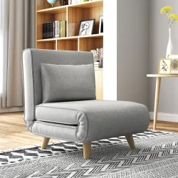Sillón Cama Plegable Tapizado en Lino Sintético con Respaldo Ajustable en 6 Posiciones y Almohada 72x78x79 cm Gris - Ogal.Es