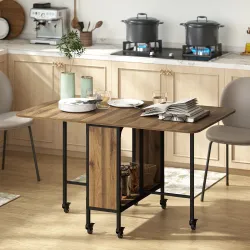 Mesa de Cocina Plegable con Ruedas Alas Abatibles y Estante Mesa Plegable para Salón 130x80x74 cm Marrón - Ogal.Es