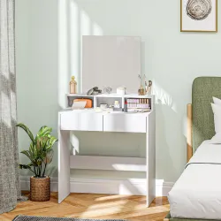 Mesa de Maquillaje con Espejo 2 Cajones 3 Compartimentos Tocador para Dormitorio 75x38x135 cm Blanco - Ogal.Es