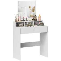 Mesa de Maquillaje con Espejo 2 Cajones 3 Compartimentos Tocador para Dormitorio 75x38x135 cm Blanco - Ogal.Es